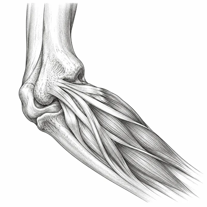 Illustrazione in bianco e nero dei muscoli e dei tendini del gomito e dell'avambraccio.