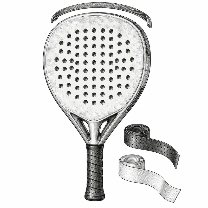 Illustrazione in bianco e nero di una racchetta da padel, con due overgrip accanto al manico e un paracolpi sopra la testa.