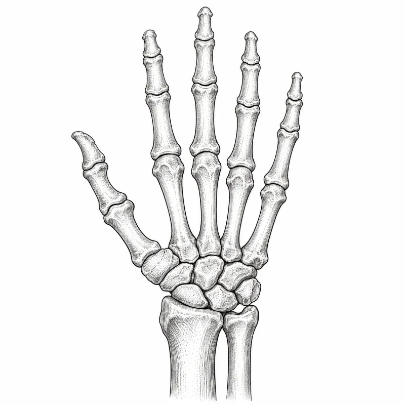 Black-and-white illustration of the bones of a hand and wrist.